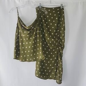 CHRISELLE LIM Olive Cream Cowl Neck Camisole and Side Rouched Split Skirt Set